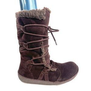 ROCKETDOG Women Size 7 Brown Suede Mid Calf Boot Lace Up Slip Resistant Faux Fur